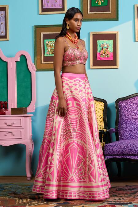 Papa Don't Preach_Pink Silk Sweetheart Neck Printed Raw Lehenga And Blouse Set _at_Aza_Fashions