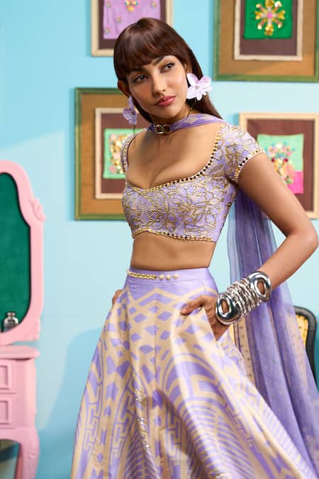 Papa Don't Preach Purple Silk Embroidery Round Neck Lavender Haze Printed Lehenga Set Online at Aza Fashions Papa Don't Preach_Purple Silk Embroidery Round Neck Lavender Haze Printed Lehenga Set _Online_at_Aza_Fashions