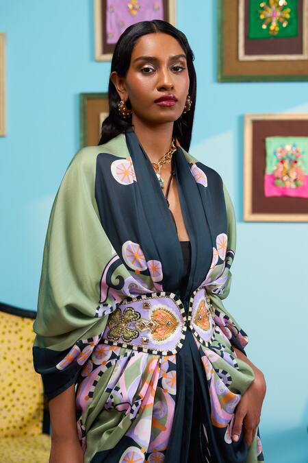 Papa Don't Preach_Blue Satin Embroidery Round Neck Printed Linen Jacket And Belt Set _Online_at_Aza_Fashions