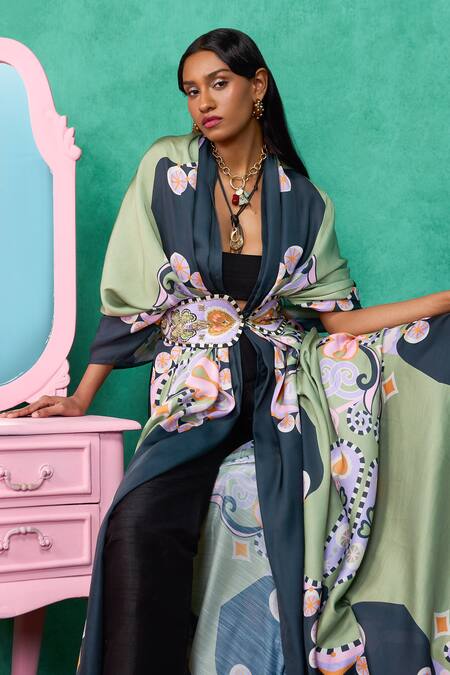 Buy_Papa Don't Preach_Blue Satin Embroidery Round Neck Printed Linen Jacket And Belt Set _Online_at_Aza_Fashions