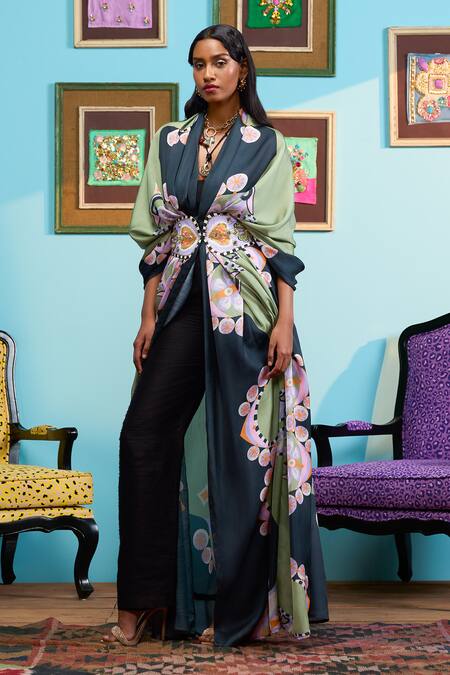 Shop_Papa Don't Preach_Blue Satin Embroidery Round Neck Printed Linen Jacket And Belt Set _Online_at_Aza_Fashions