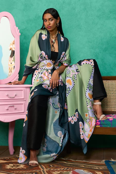 Papa Don't Preach Printed Satin Linen Jacket & Belt Set 