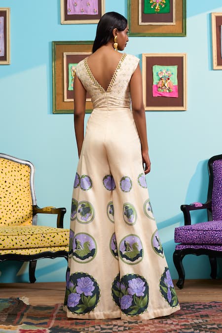 Papa Don't Preach Ivory Printed Raw Silk Jumpsuit 