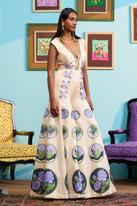 Buy Papa Don't Preach Ivory Silk Embroidery V-neck Printed Raw Jumpsuit Online at Aza Fashions Buy_Papa Don't Preach_Ivory Silk Embroidery V-neck Printed Raw Jumpsuit _Online_at_Aza_Fashions