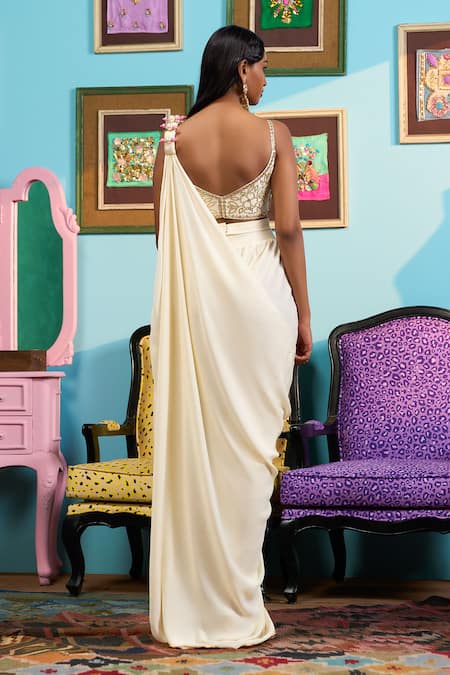 Papa Don't Preach Embroidered Ivory Pre-Draped Saree Set 