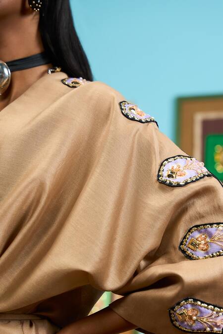 Shop_Papa Don't Preach_Beige Chanderi Embroidery V-neck Dyed Dress _Online_at_Aza_Fashions