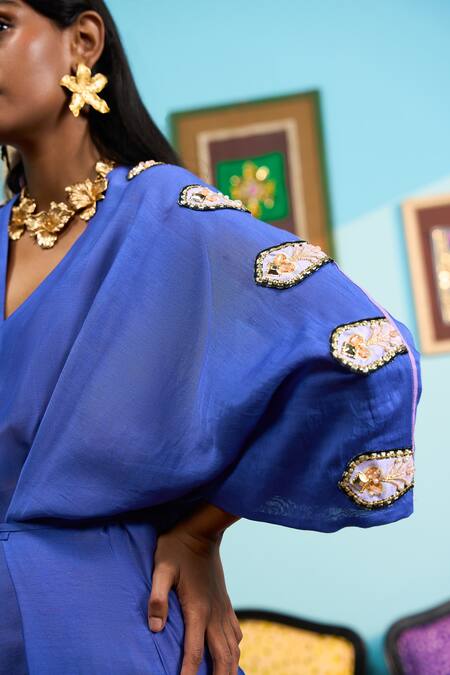 Papa Don't Preach_Blue Chanderi Sequins, Embroidery V-neck Dyed Dress _Online_at_Aza_Fashions