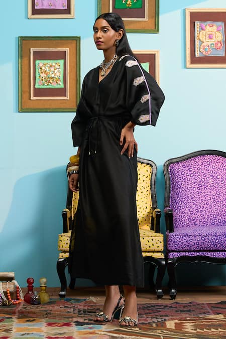 Shop_Papa Don't Preach_Black Chanderi Beads, Embroidery V-neck Dyed Kaftan Set _Online_at_Aza_Fashions