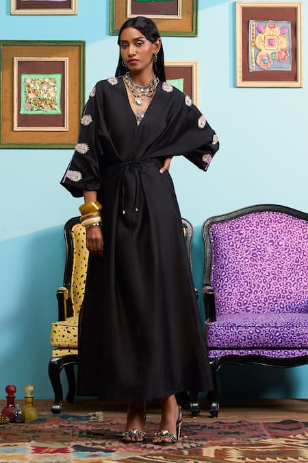 Papa Don't Preach Black Chanderi Dyed Kaftan Set 