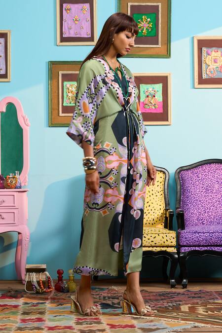 Buy Papa Don't Preach Multi Color Satin, Linen V-neck Printed Dress And Slip Set Online at Aza Fashions Buy_Papa Don't Preach_Multi Color Satin, Linen V-neck Printed Dress And Slip Set _Online_at_Aza_Fashions