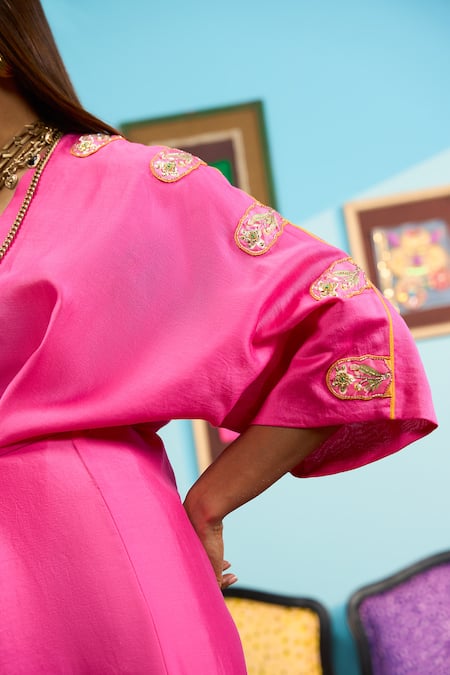 Papa Don't Preach_Pink Chanderi Embroidery V-neck Dyed Kaftan Set _Online_at_Aza_Fashions