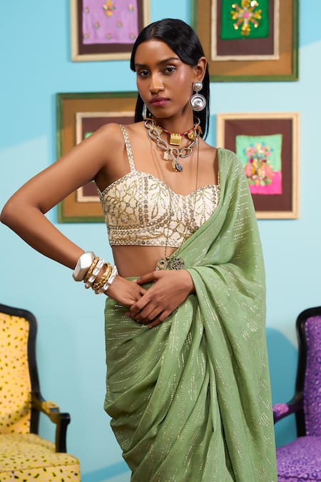 Buy_Papa Don't Preach_Green Lurex Embroidery, Sequins Sweetheart Neck Pre-stitched Saree Set _Online_at_Aza_Fashions