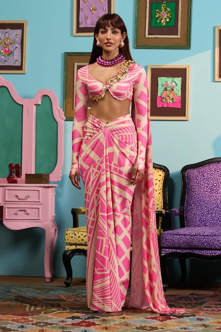 Papa Don't Preach_Pink Lycra Beads Round Neck Designer Pre-draped Saree And Blouse _Online_at_Aza_Fashions