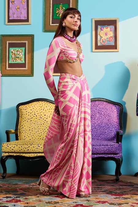 Shop_Papa Don't Preach_Pink Lycra Beads Round Neck Designer Pre-draped Saree And Blouse _Online_at_Aza_Fashions