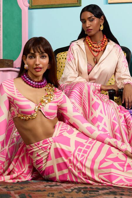 Papa Don't Preach_Pink Lycra Beads Round Neck Designer Pre-draped Saree And Blouse _at_Aza_Fashions