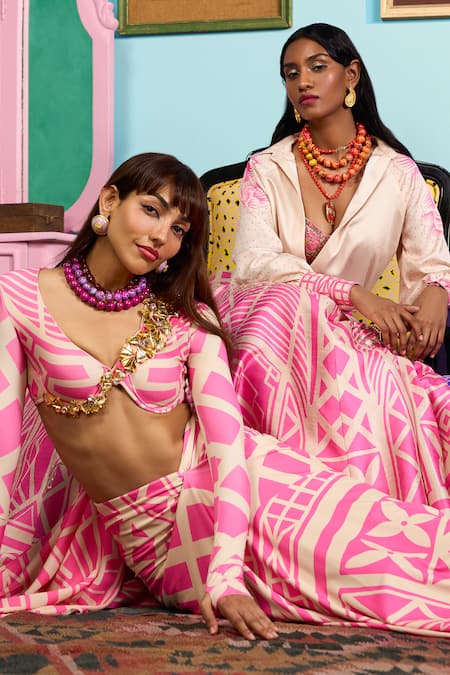 Buy_Papa Don't Preach_Pink Lycra Beads Round Neck Designer Pre-draped Saree And Blouse 