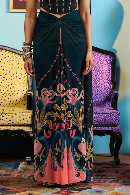 Buy_Papa Don't Preach_Green Lycra, Tulle Beads Square Neck Printed Draped Corset And Skirt Set _Online_at_Aza_Fashions