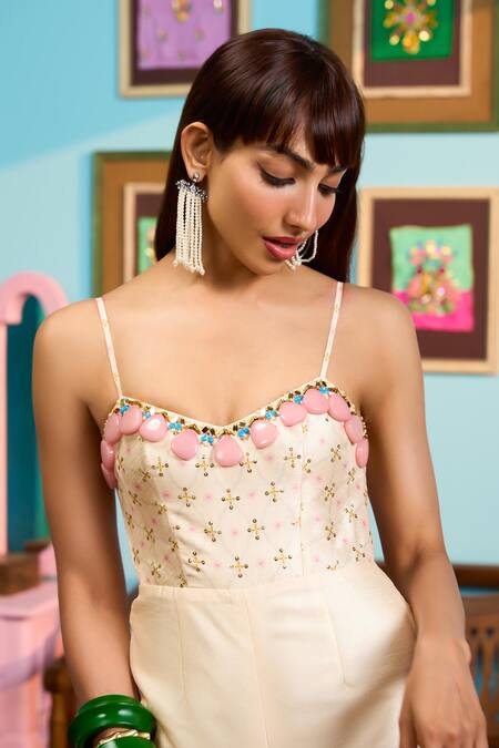 Papa Don't Preach_Ivory Silk Embroidery Sweetheart Neck Designer Printed Jumpsuit _Online_at_Aza_Fashions