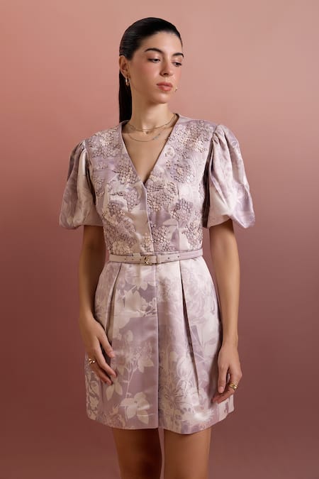 Pankaj & Nidhi_Purple Satin Embroidery V-neck Hand Embellished Fit-and-flare Dress _Online_at_Aza_Fashions