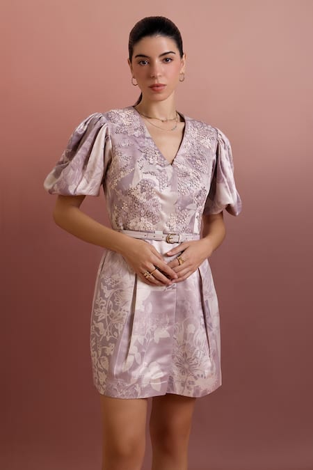 Buy_Pankaj & Nidhi_Purple Satin Embroidery V-neck Hand Embellished Fit-and-flare Dress _Online_at_Aza_Fashions