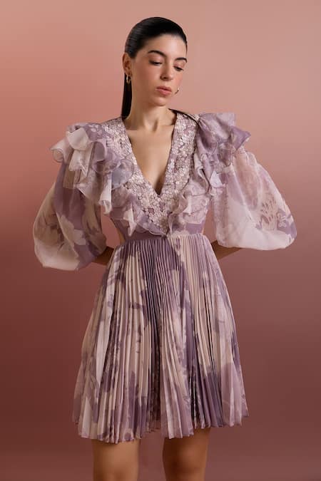 Pankaj & Nidhi_Purple Chiffon Embroidery Plunge Neck Embellished Cut-out Mini Dress _Online_at_Aza_Fashions