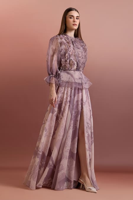 Pankaj & Nidhi Purple Organza Round Neck Embellished Ruffle Top Online at Aza Fashions Pankaj & Nidhi_Purple Organza Round Neck Embellished Ruffle Top _Online_at_Aza_Fashions