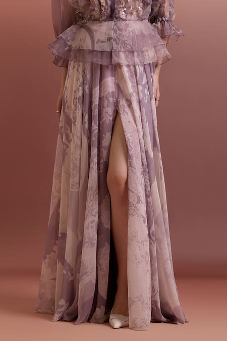 Pankaj & Nidhi_Purple Chiffon High Slit Skirt _Online_at_Aza_Fashions