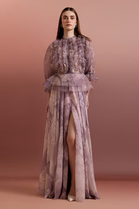 Buy_Pankaj & Nidhi_Purple Chiffon High Slit Skirt _Online_at_Aza_Fashions