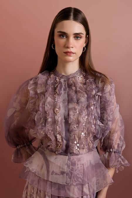 Shop_Pankaj & Nidhi_Purple Chiffon High Slit Skirt _Online_at_Aza_Fashions