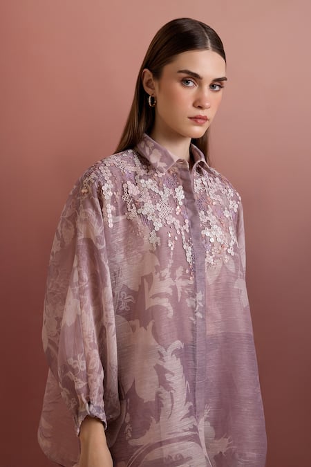 Pankaj & Nidhi_Purple Organza Beads Collared Embellished Relaxed Shirt And High-waisted Shorts _Online_at_Aza_Fashions