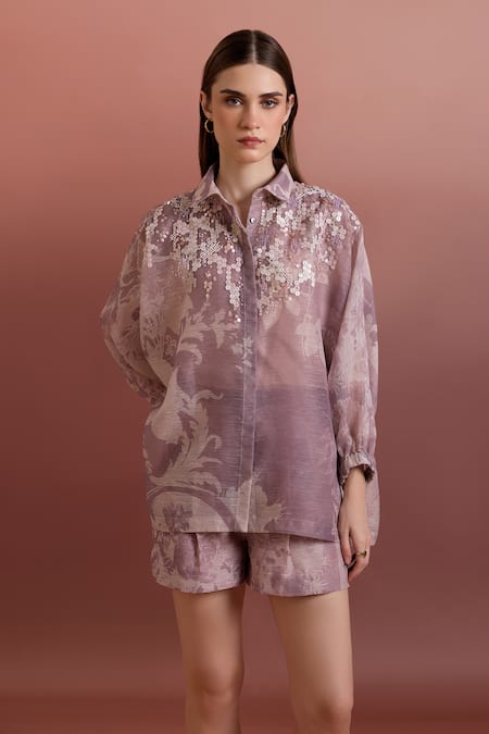 Shop_Pankaj & Nidhi_Purple Organza Beads Collared Embellished Relaxed Shirt And High-waisted Shorts _Online_at_Aza_Fashions