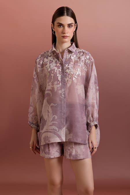 Shop_Pankaj & Nidhi_Purple Organza Artisimo High-waisted Printed Shorts _Online_at_Aza_Fashions