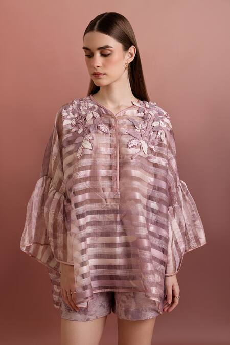 Pankaj & Nidhi_Purple Organza Embroidery Round Neck Snowing Embellished Relaxed Fit Top _Online_at_Aza_Fashions