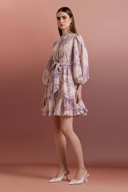 Pankaj & Nidhi Purple Linen Round Neck Tiered Dress With Belt Online at Aza Fashions Pankaj & Nidhi_Purple Linen Round Neck Tiered Dress With Belt _Online_at_Aza_Fashions