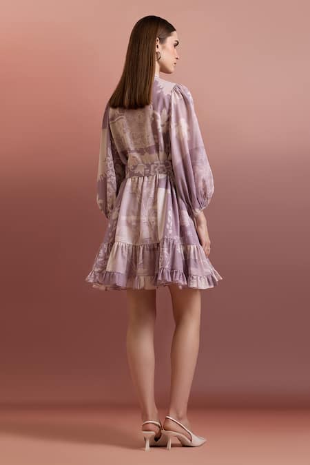Pankaj & Nidhi Purple Linen Tiered Dress With Belt 