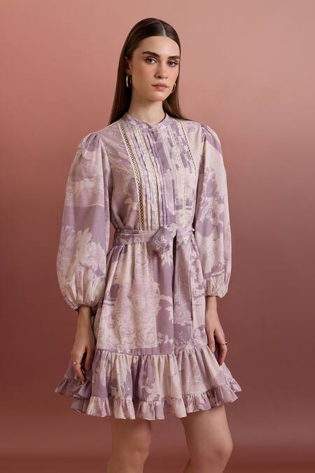 Buy Pankaj & Nidhi Purple Linen Round Neck Tiered Dress With Belt Online at Aza Fashions Buy_Pankaj & Nidhi_Purple Linen Round Neck Tiered Dress With Belt _Online_at_Aza_Fashions