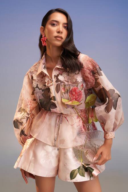 Pankaj & Nidhi_Pink Silk, Crepe Roma Pleated Skorts _Online_at_Aza_Fashions