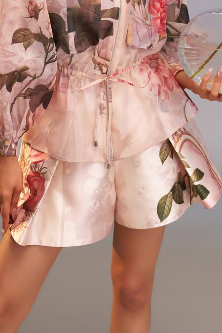 Buy_Pankaj & Nidhi_Pink Silk, Crepe Roma Pleated Skorts _Online_at_Aza_Fashions