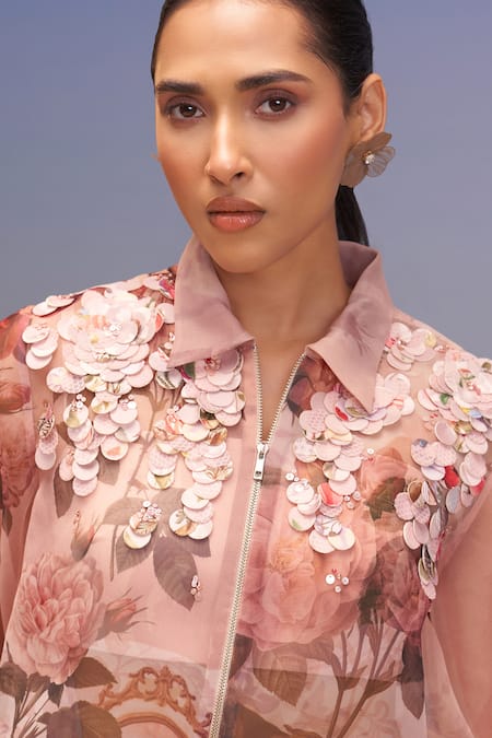 Buy_Pankaj & Nidhi_Pink Organza, Crepe Embroidery Collared Vintage High-low Shirt And Pants _Online_at_Aza_Fashions