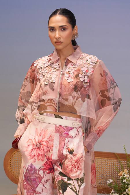 Shop_Pankaj & Nidhi_Pink Organza, Crepe Embroidery Collared Vintage High-low Shirt And Pants _Online_at_Aza_Fashions