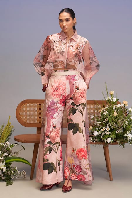 Pankaj & Nidhi Pink Crepe Vintage High-waisted Pant