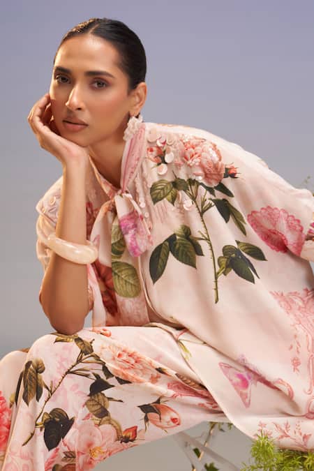 Pankaj & Nidhi_Pink Silk, Crepe Embroidery Roma Embellished Top With Straight Pants _Online_at_Aza_Fashions