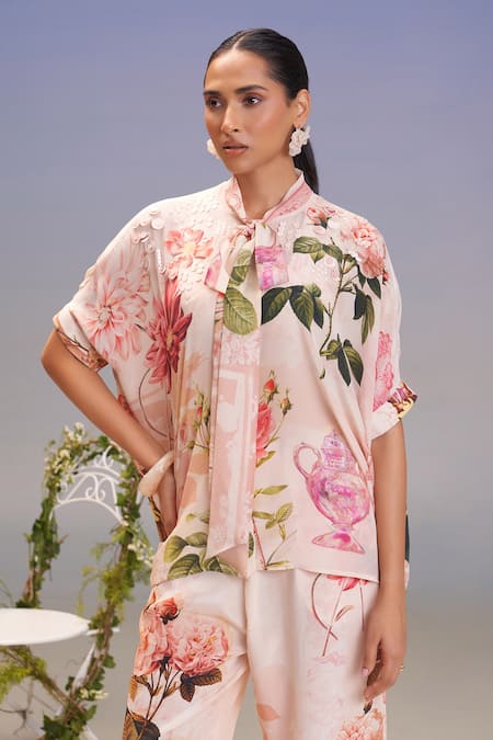 Pankaj & Nidhi Pink Silk, Crepe Embroidery Open Neck Roma Embellished Top 