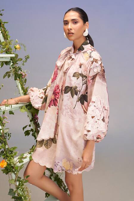 Pankaj & Nidhi_Pink Linen Embroidery Open Neck Vintage Bow-tie Dress _Online_at_Aza_Fashions