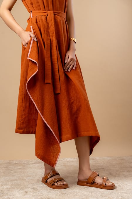 Doodlage Rust Cotton Round Neck Orange Organic Dress With Belt Online at Aza Fashions Doodlage_Rust Cotton Round Neck Orange Organic Dress With Belt _Online_at_Aza_Fashions