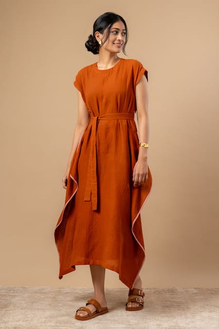 Buy Doodlage Rust Cotton Round Neck Orange Organic Dress With Belt Online at Aza Fashions Buy_Doodlage_Rust Cotton Round Neck Orange Organic Dress With Belt _Online_at_Aza_Fashions
