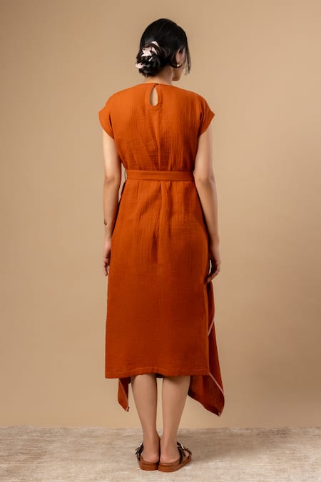 Doodlage Rust Orange Organic Cotton Dress With Belt 