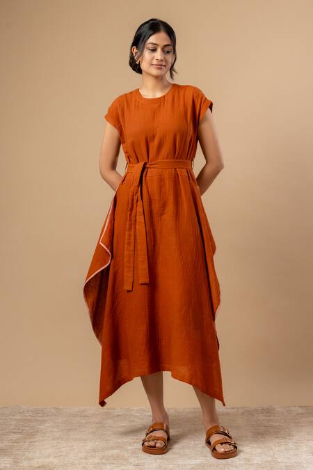 Shop Doodlage Rust Cotton Round Neck Orange Organic Dress With Belt Online at Aza Fashions Shop_Doodlage_Rust Cotton Round Neck Orange Organic Dress With Belt _Online_at_Aza_Fashions