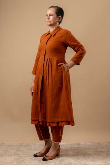 Buy_Doodlage_Rust Cotton Collared Orange Organic Dress _Online_at_Aza_Fashions
