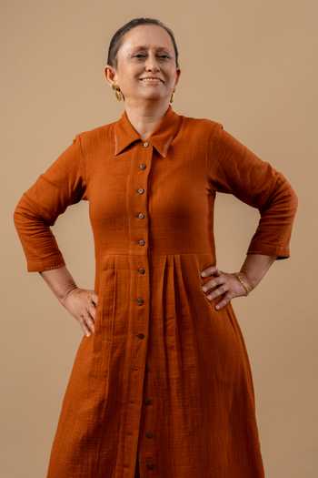 Shop_Doodlage_Rust Cotton Collared Orange Organic Dress _Online_at_Aza_Fashions